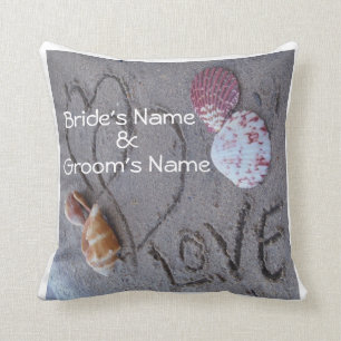 shells & 2 hearts on beach custom wedding pillow