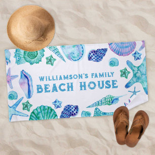 Shells and Starfish Family Beach House Watercolor Towel