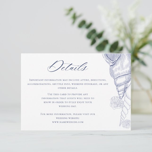 Shells Blue & White Coastal Wedding Details  Enclosure Card (Standing Front)