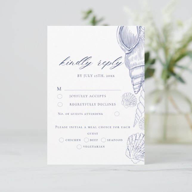 Shells Blue & White Coastal Wedding  RSVP Card (Standing Front)