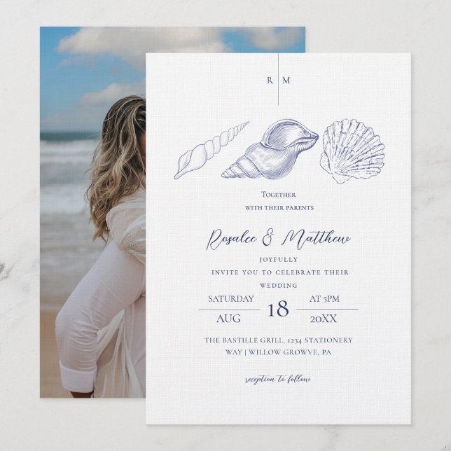  Shells Blue & White Elegant Coastal Wedding Invitation (Front/Back)