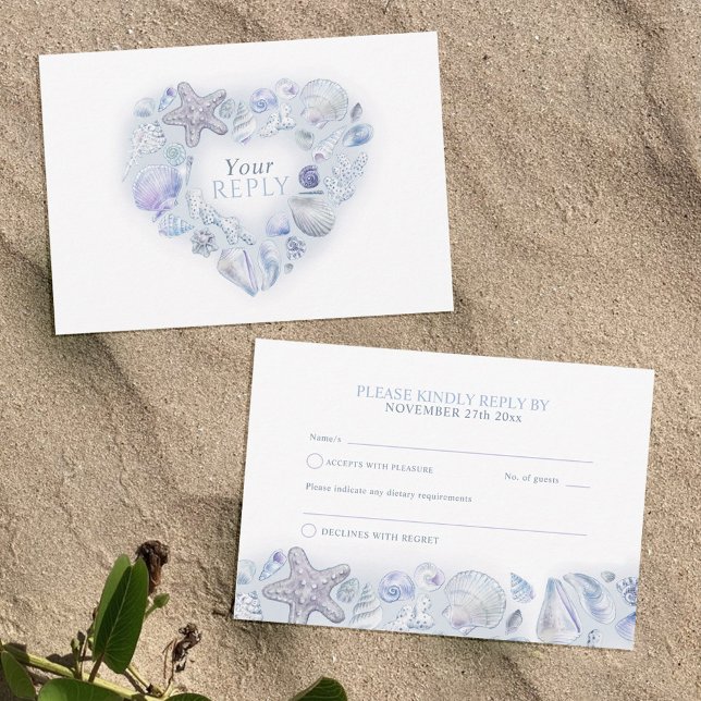 Shells heart art beach wedding watercolor blues RSVP card (Creator Uploaded)