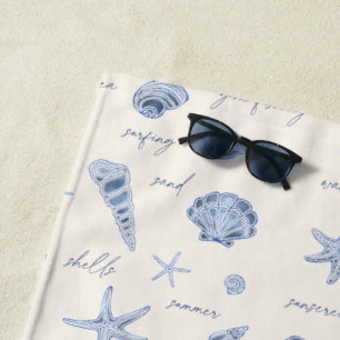 Shells Starfish Sun Fun Text Blue ID918 Beach Towel