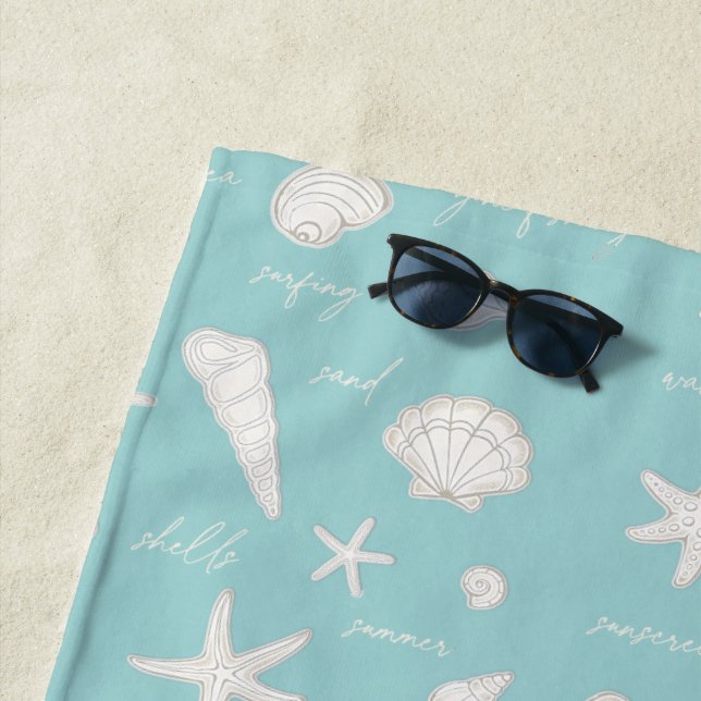 Shells Starfish Sun Fun Text Ivory ID918  Beach Towel (In Situ)