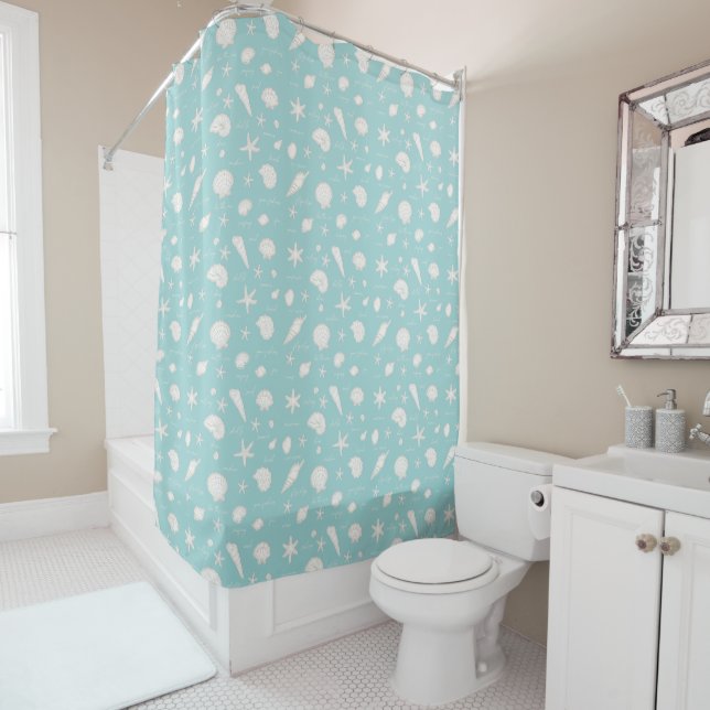 Shells Starfish Sun Fun Text Ivory ID918  Shower Curtain (In Situ)