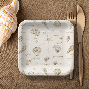 Shells Starfish Sun Fun Text Sandstone ID918 Paper Plate