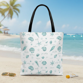 Shells Starfish Sun Fun Text Teal ID918 Tote Bag