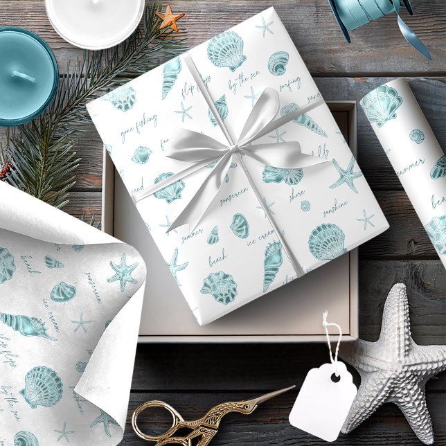 Shells Starfish Sun Fun Text Teal ID918  Wrapping Paper (Creator Uploaded)