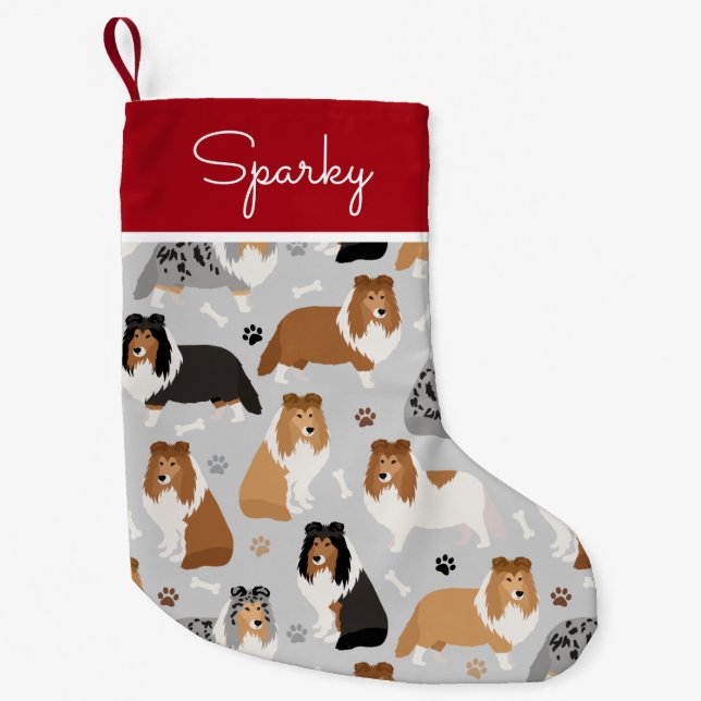 Sheltie Bones and Paws Small Christmas Stocking (Front)