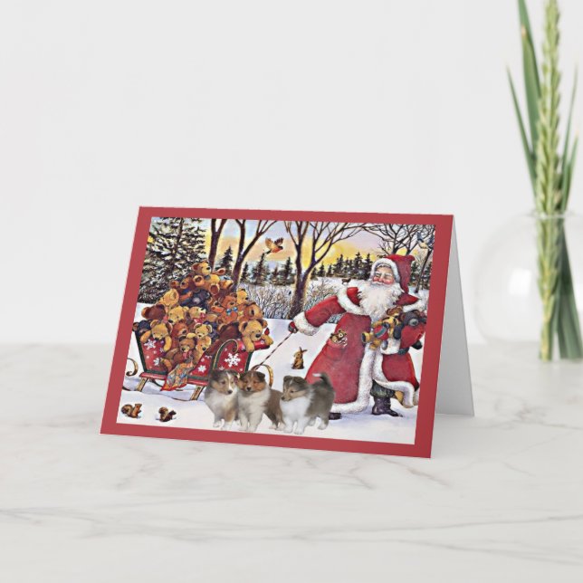 Sheltie Christmas Card Santa Bears In Sleigh (Front)