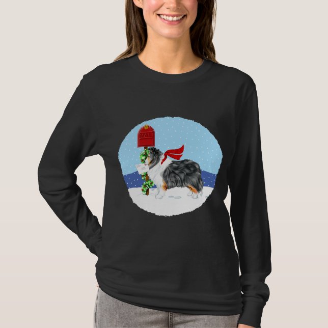 Sheltie Christmas Mail Tri Colour T-Shirt (Front)