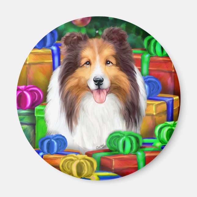 Sheltie Christmas Open Gifts Sable Magnet (Front)