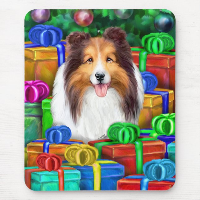 Sheltie Christmas Open Gifts Sable Mouse Pad (Front)