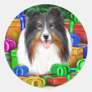 Sheltie Christmas Open Gifts Tri Colour Classic Round Sticker