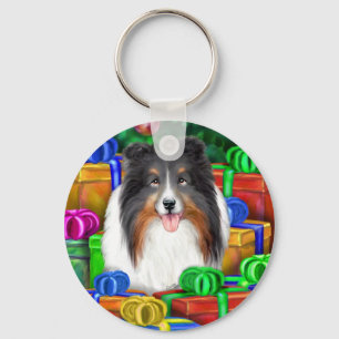 Sheltie Christmas Open Gifts Tri Colour Key Ring