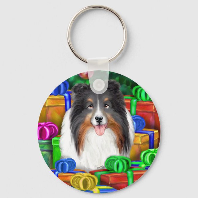 Sheltie Christmas Open Gifts Tri Colour Key Ring (Front)