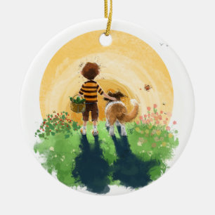 Sheltie Dog and Boy Walk into Sunset Ceramic Tree Decoration