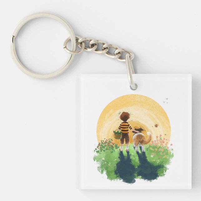Sheltie Dog and Boy Walk into Sunset Key Ring (Front)