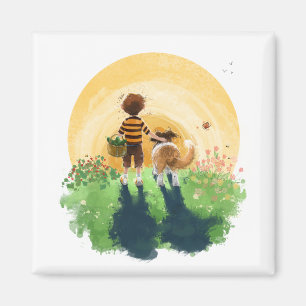 Sheltie Dog and Boy Walk into Sunset Magnet