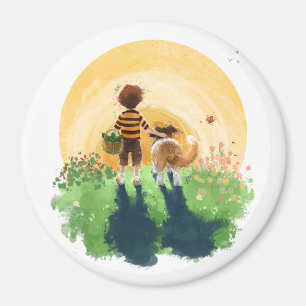 Sheltie Dog and Boy Walk into Sunset Magnet