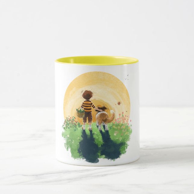 Sheltie Dog and Boy Walk into Sunset Mug (Center)