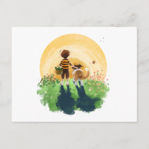 Sheltie Dog and Boy Walk into Sunset Postcard