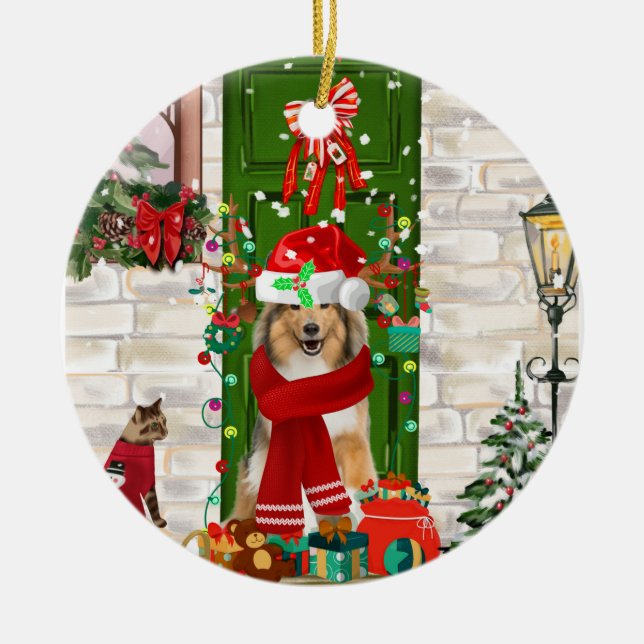 Sheltie Dog Christmas  Ceramic Tree Decoration (Front)