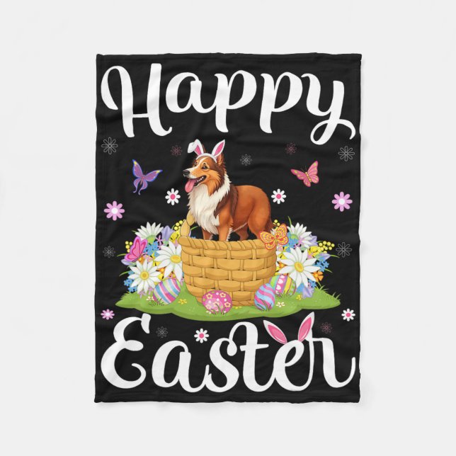 Sheltie Dog Happy Easter Egg Hunt Bunny Ear Easter Fleece Blanket (Front)