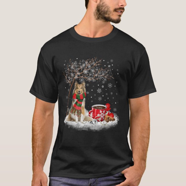 Sheltie Dog In The Snow Christmas Winter Xmas Tree T-Shirt (Front)