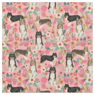 sheltie dog vintage florals pink fabric