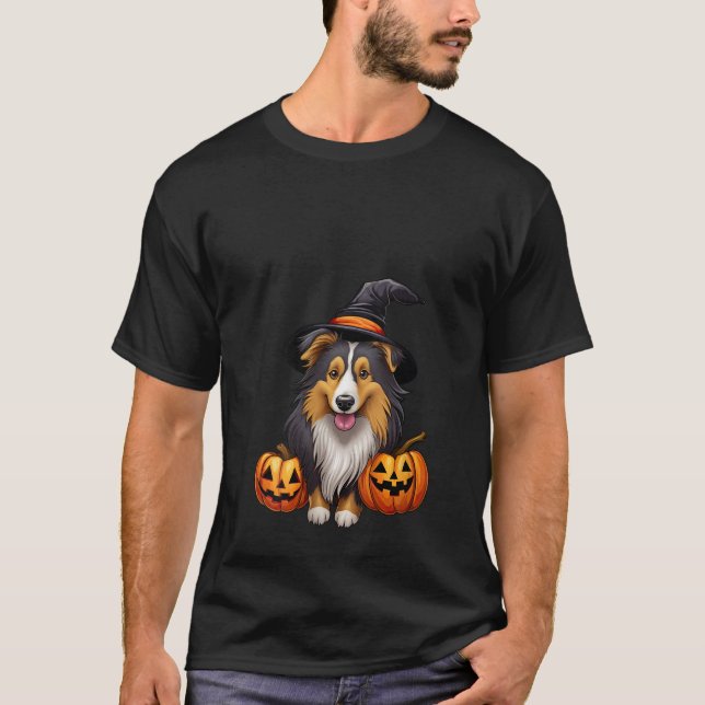 Sheltie Dog with Jack O lantern Pumpkin Halloween  T-Shirt (Front)