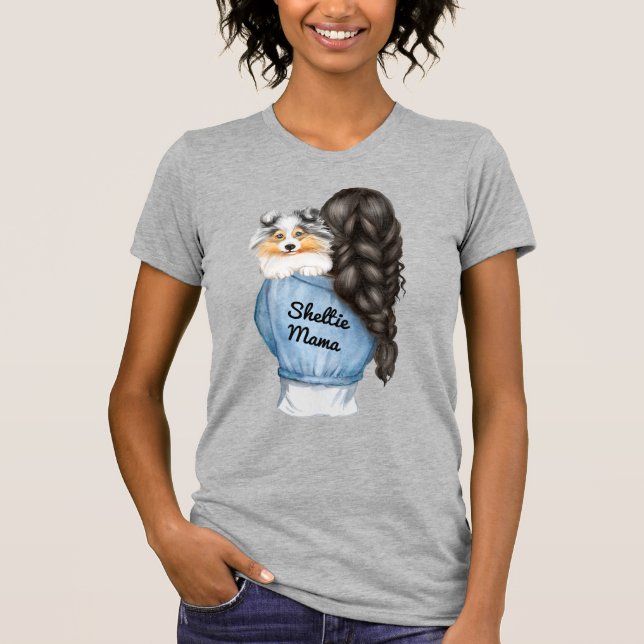 Sheltie Mama Black Hair w Merle Shetland Sheepdog T-Shirt (Front)