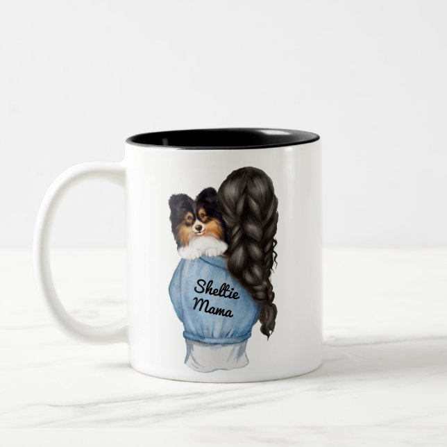 Sheltie Mama Black w Tri-Colour Shetland Sheepdog  Two-Tone Coffee Mug (Left)