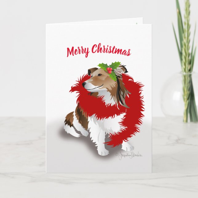 Sheltie, Red Scarf and Holly, Holiday Christmas Card (Front)
