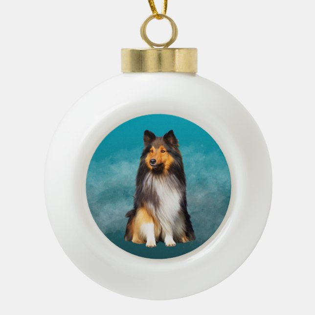 Sheltie Shetland Sheepdog Art Portrait Ceramic Ball Christmas Ornament (Front)