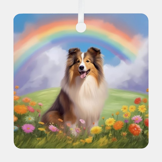 Sheltie Shetland Sheepdog Custom Dog Name Rainbow Metal Tree Decoration (Front)