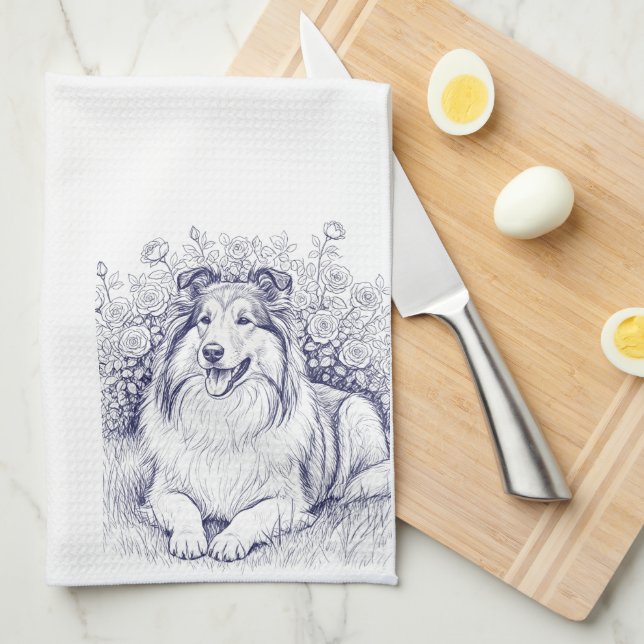 Sheltie Sketch with Rose Bush Tea Towel (Quarter Fold)