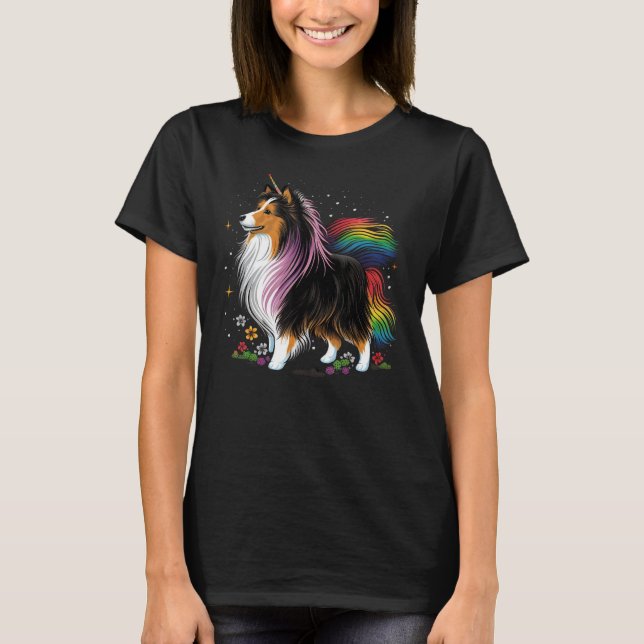 Sheltie Unicorn on Rainbow Unicorn Shetland Sheepd T-Shirt (Front)