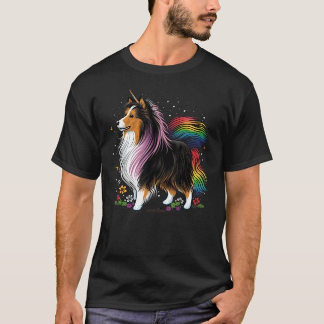 Sheltie Unicorn on Rainbow Unicorn Shetland Sheepd T-Shirt (Front)