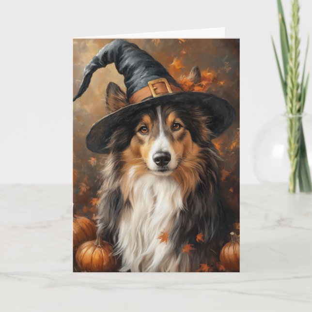 Sheltie Witch Halloween Holiday Card (Front)
