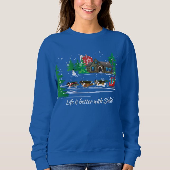 Shelties Pulling Sled, Snow Holiday Christmas Sweatshirt (Front)