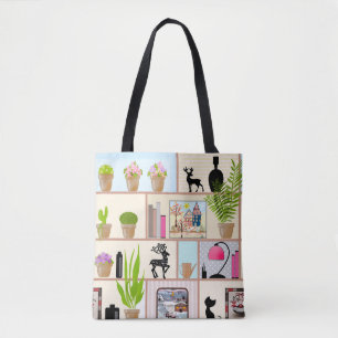 Shelves with flowers, books and decorations tote bag