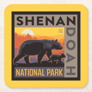 Shenandoah National Park Mama Bear & Cubs Square Paper Coaster