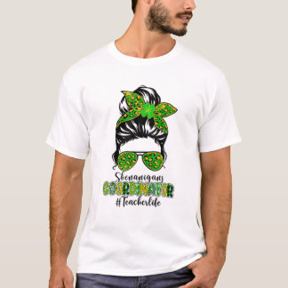 Shenanigans Coordinator Messy Bun Teacher St Patri T-Shirt