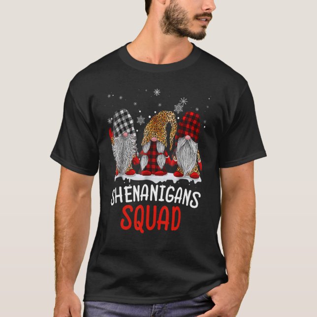 Shenanigans Squad Gnomes Buffalo Plaid Red Christm T-Shirt (Front)