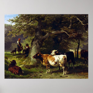Shepherd and Cow Herd at the Pond Poster