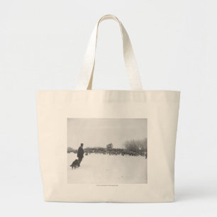 Shepherd and dog at sheep camp large tote bag