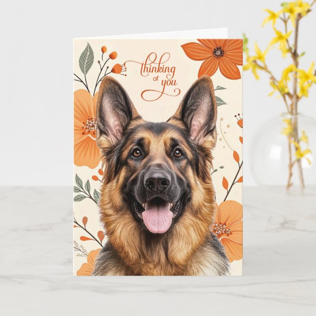 Shepherd Dog Retro Orange Flowers Thinking of You Card (Yellow Flower)