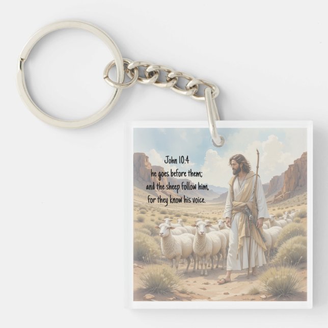 Shepherd goes before them Bible Scripture Key Ring (Front)