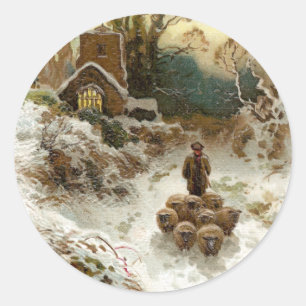 Shepherd Herding Sheep Vintage Christmas Classic Round Sticker